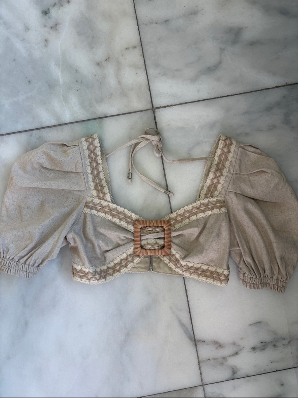 Patbo Beige Cropped Peasant Top with Decorative Buckle
